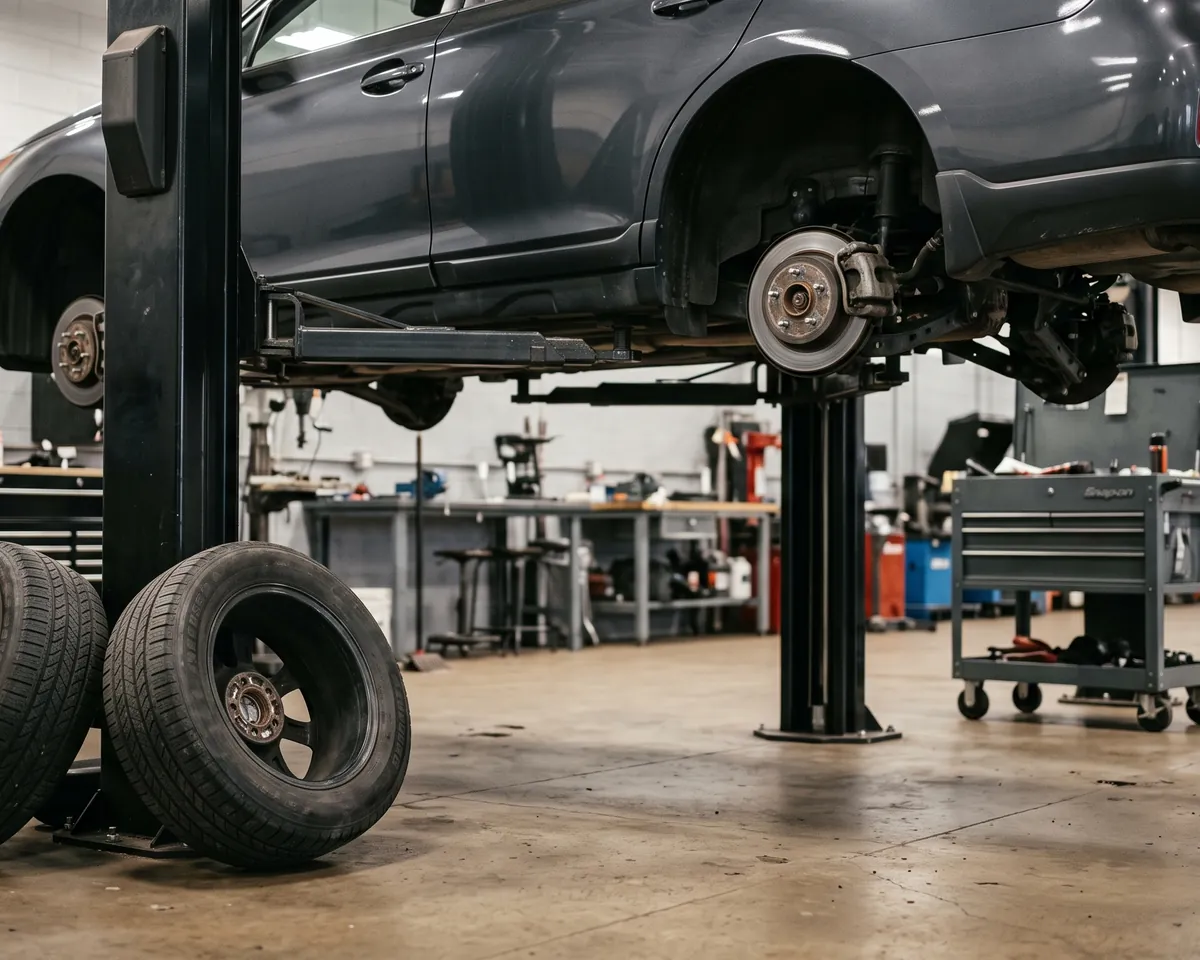 A bay in Atlanta with a vehicle on the lift and all four wheels off